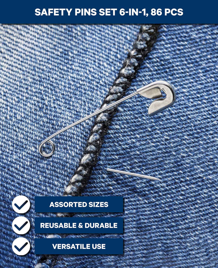 Safety pin set with sizes from 15 mm to 40 mm, 86 pieces