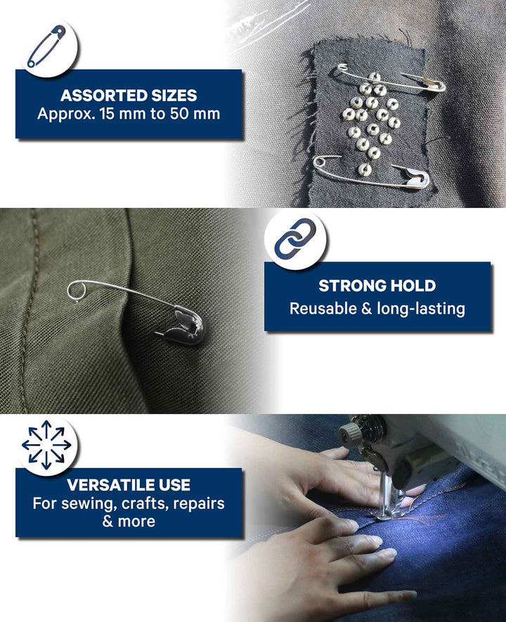 Safety pin set with sizes from 15 mm to 40 mm, 86 pieces