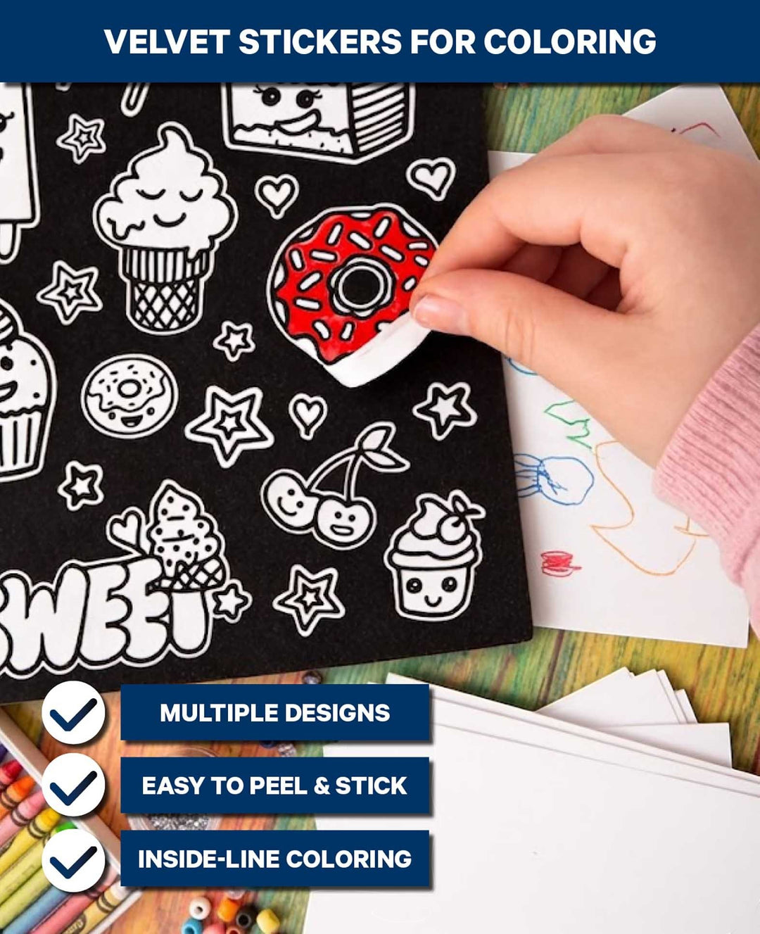 Stickerbook zum Ausmalen, Schmetterlinge/Herzen/Süssspeisen, 75 Samt-Sticker