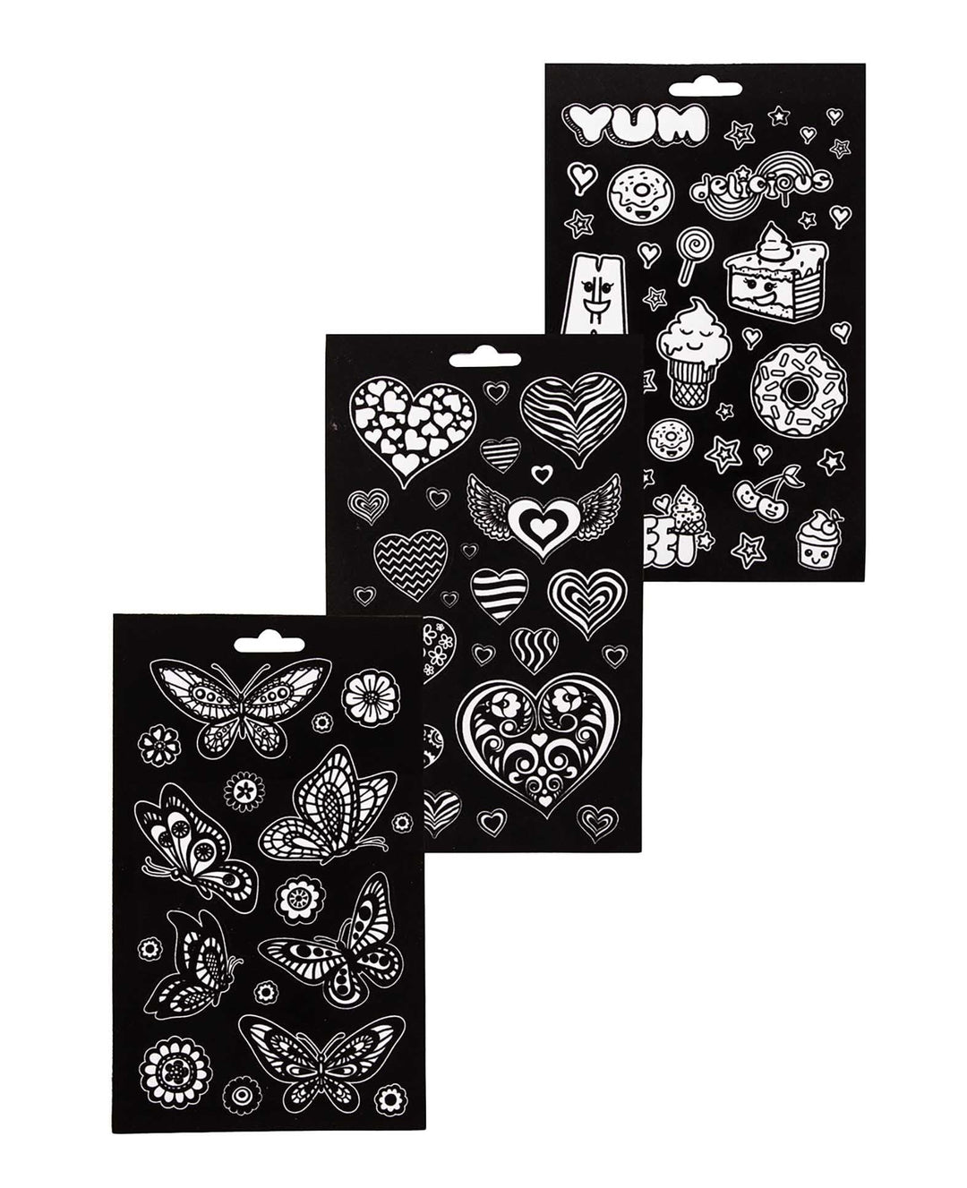 Stickerbook zum Ausmalen, Schmetterlinge/Herzen/Süssspeisen, 75 Samt-Sticker