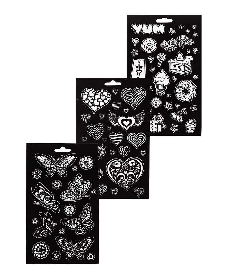 Stickerbook zum Ausmalen, Schmetterlinge/Herzen/Süssspeisen, 75 Samt-Sticker