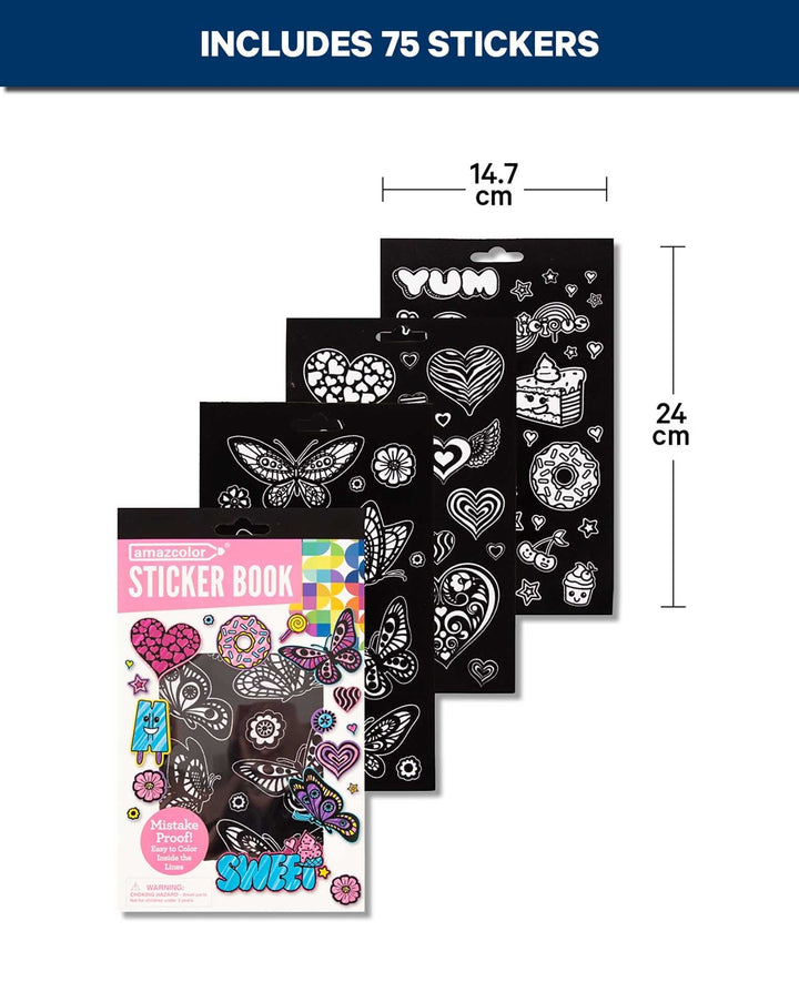 Stickerbook zum Ausmalen, Schmetterlinge/Herzen/Süssspeisen, 75 Samt-Sticker