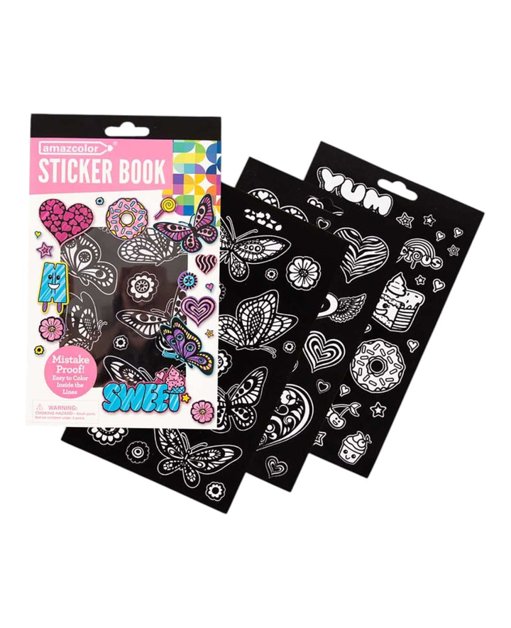 Stickerbook zum Ausmalen, Schmetterlinge/Herzen/Süssspeisen, 75 Samt-Sticker