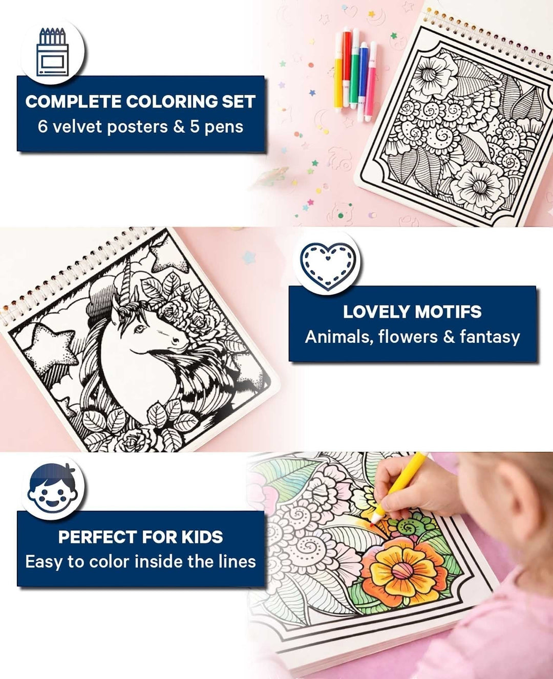 Coloring Set Velvet, 6 Sheets &amp; 5 Pens