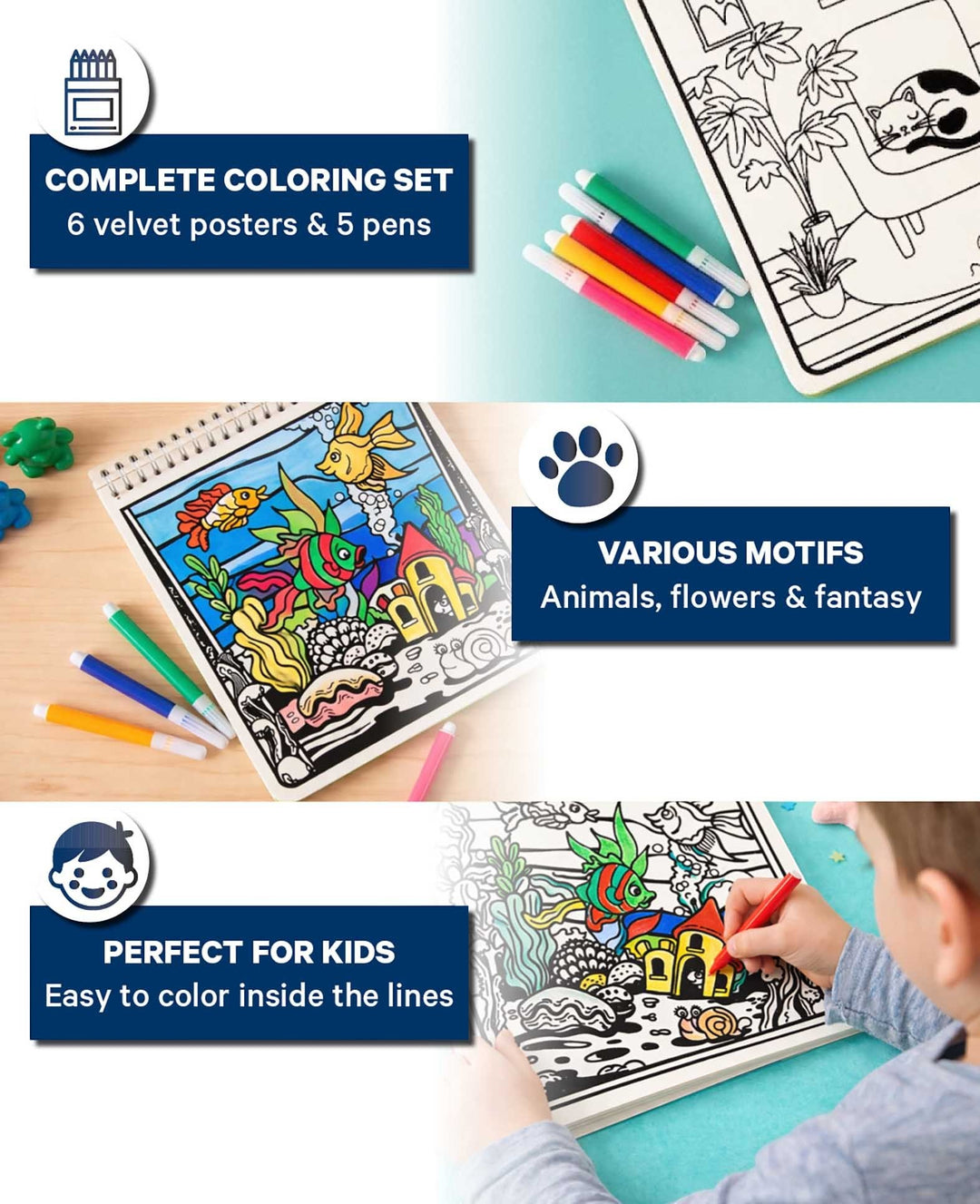 Ausmalset Velvet/Samt, 6 Blatt &amp; 5 Stifte