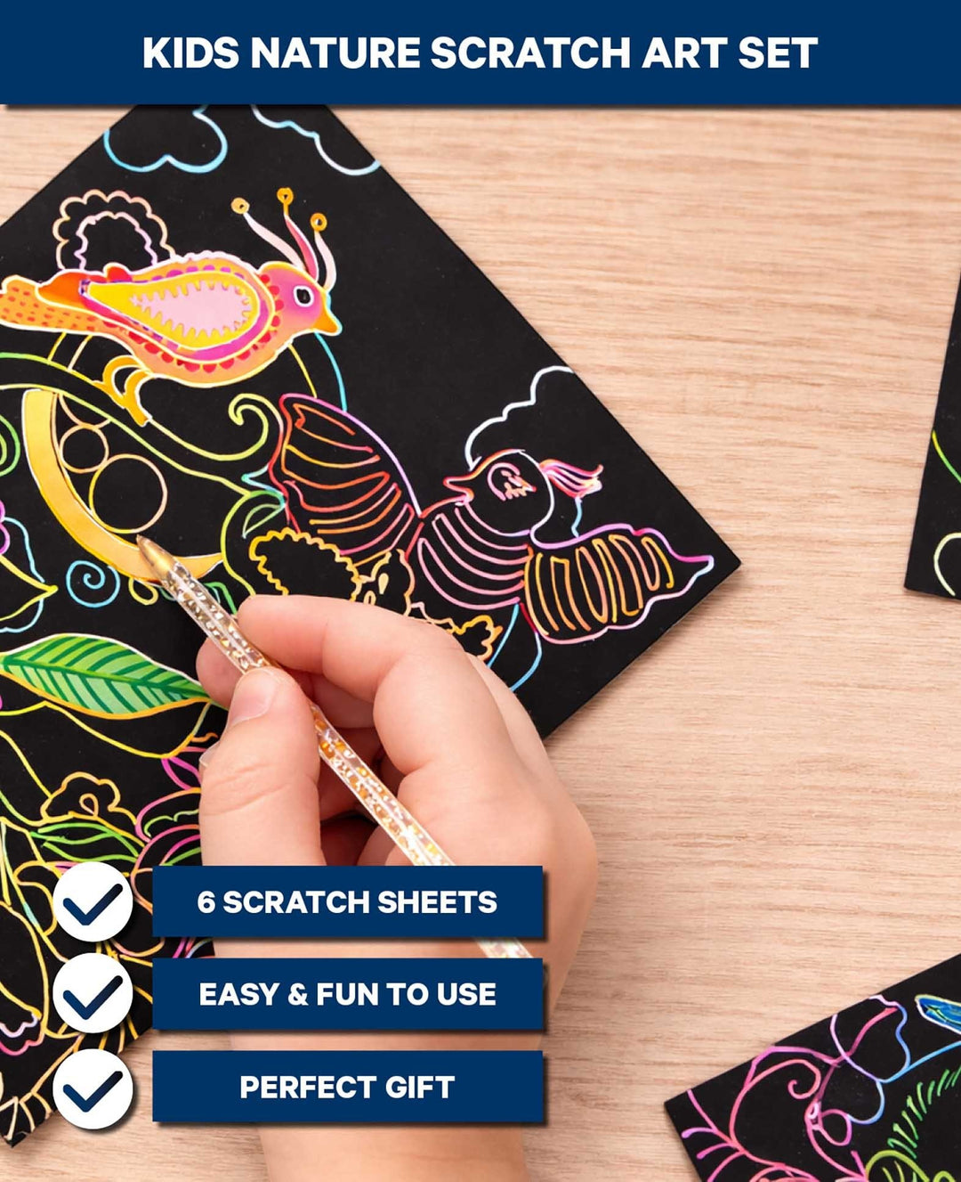 Scratchset für Kinder, Natur-Motive, 6 Blätter &amp; 1 Scratchstift