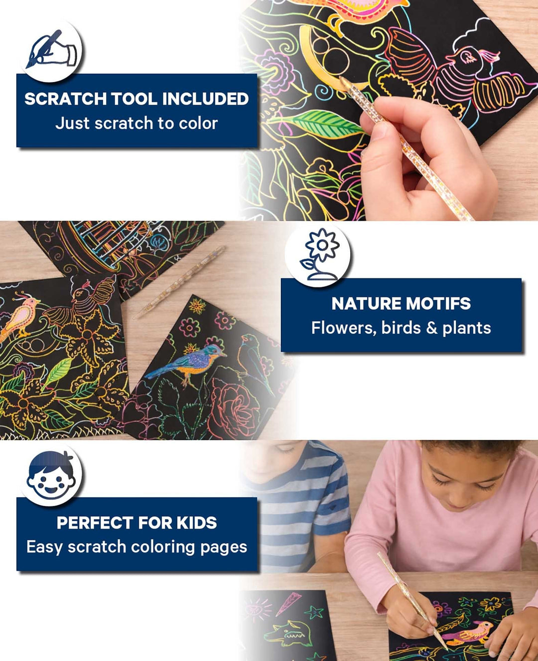 Scratchset für Kinder, Natur-Motive, 6 Blätter &amp; 1 Scratchstift
