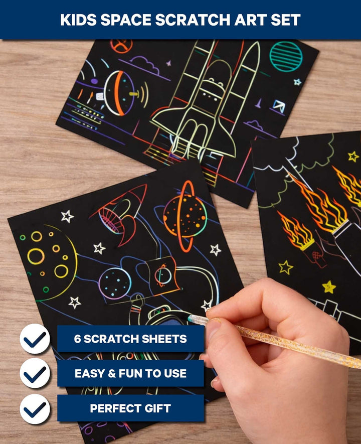 Scratchset für Kinder, Kratzbild, Weltall, 6 Blätter &amp; 1 Scratchstift