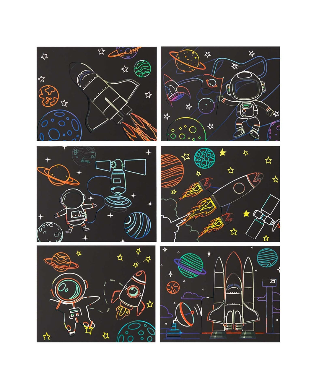 Scratchset für Kinder, Kratzbild, Weltall, 6 Blätter &amp; 1 Scratchstift