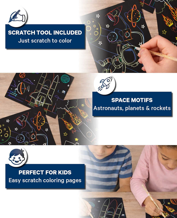 Scratchset für Kinder, Kratzbild, Weltall, 6 Blätter &amp; 1 Scratchstift