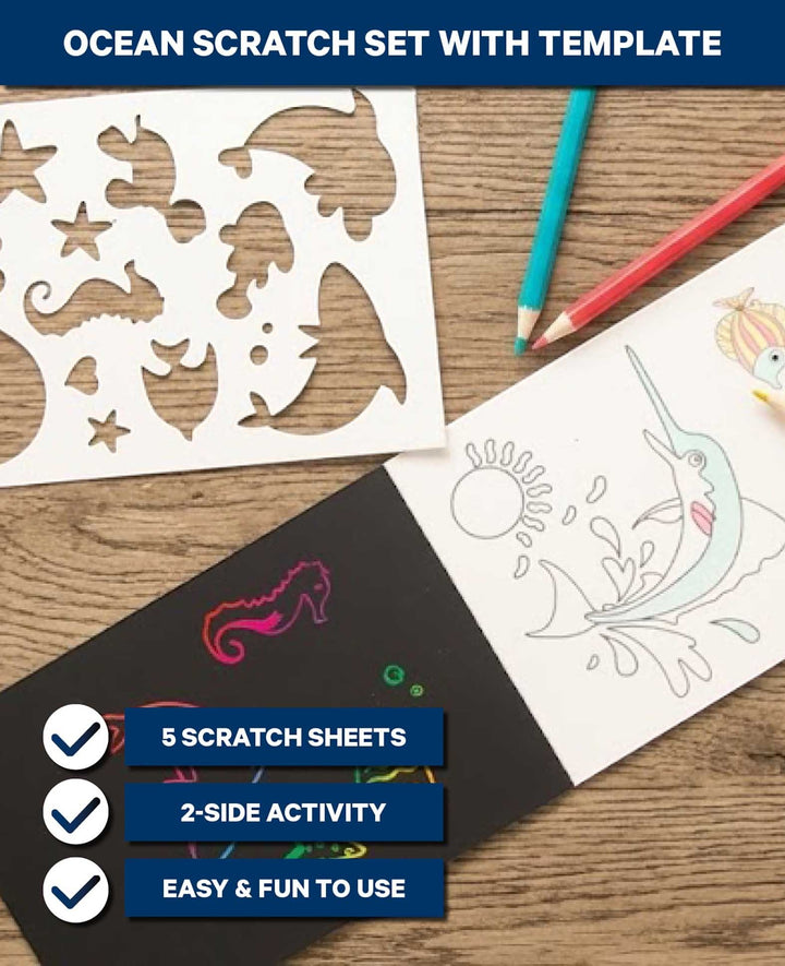 Scratch Paper for Kids, Ocean, 5 Sheets incl. Stencil