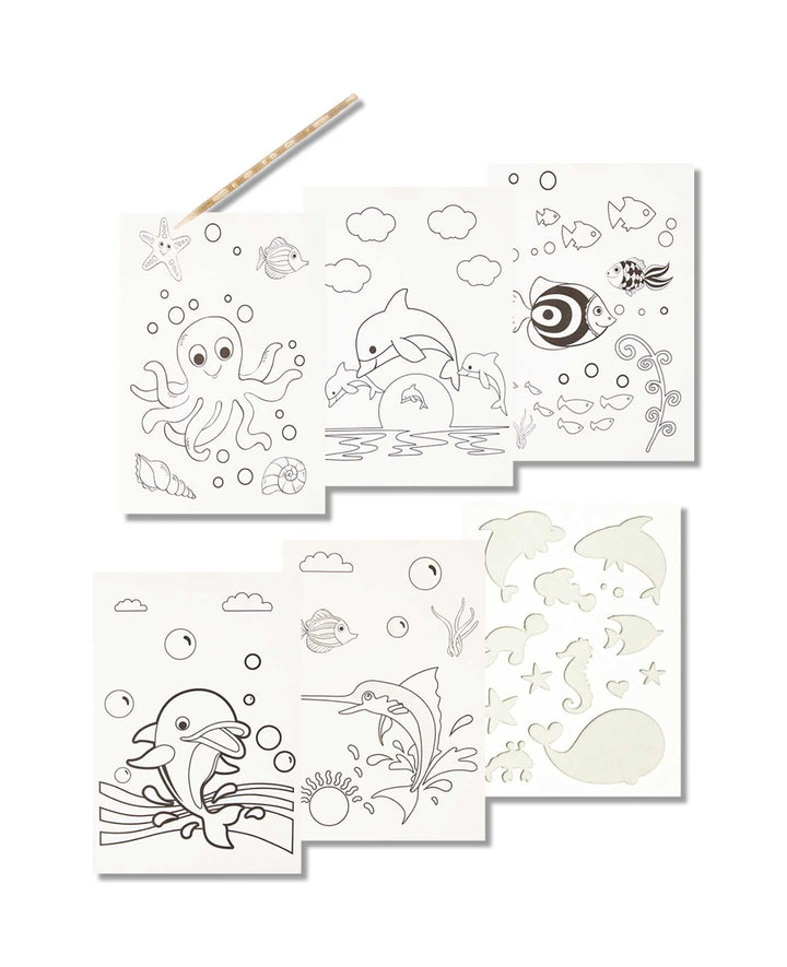 Scratch Paper for Kids, Ocean, 5 Sheets incl. Stencil