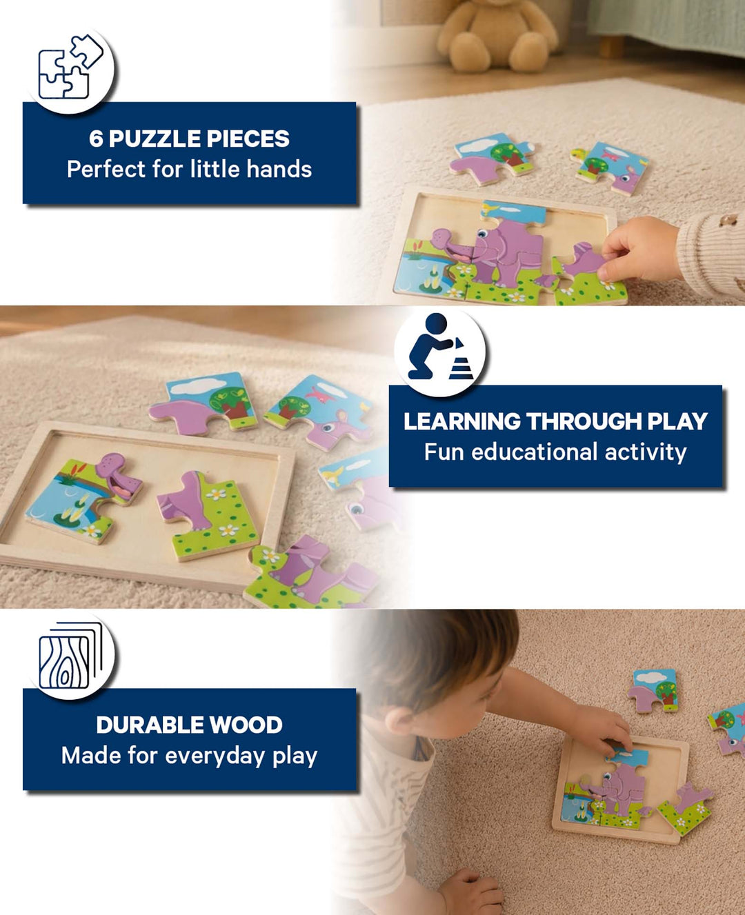 Holzpuzzle Nilpferd, 6 Teile