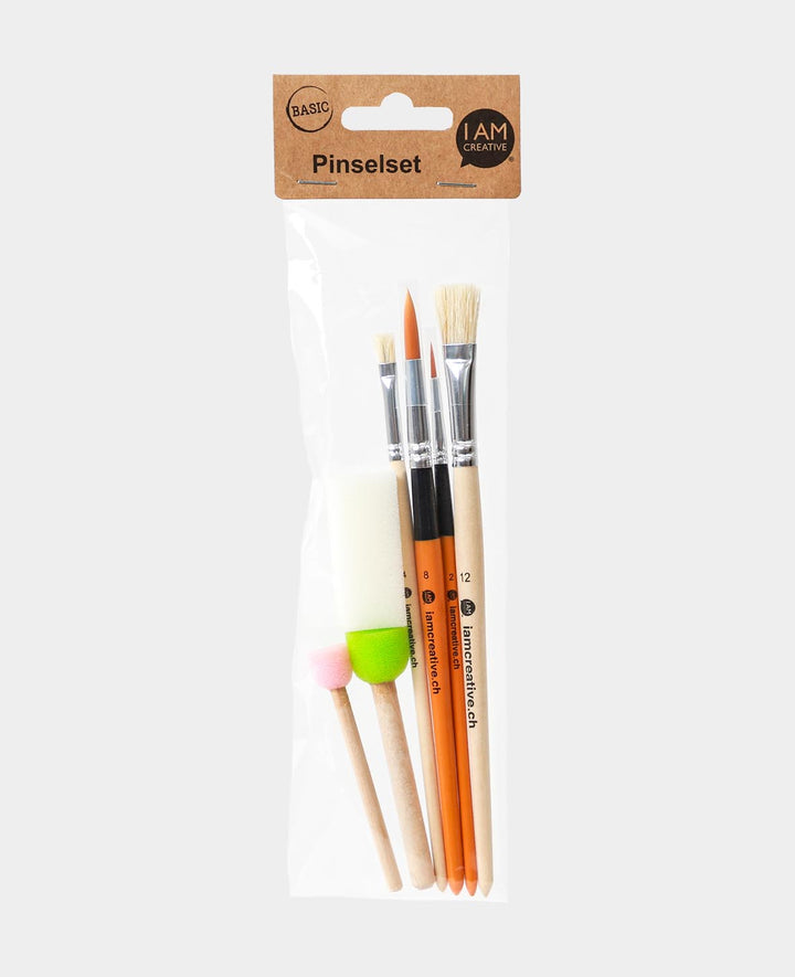 Pinselset BASIC, 7 tlg., Pinsel mit Spitze in Gr. 2 &amp; 8, Flachpinsel in Gr. 4 &amp; 12, zwei Schwammstempel und 1 Schwamm, für Kinder und Erwachsene