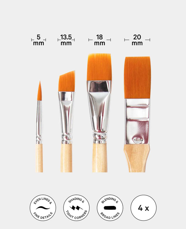 Universal Pinselset – Künstler-Set mit Flach-, Schwert- und Rundpinseln, 4 Stück.