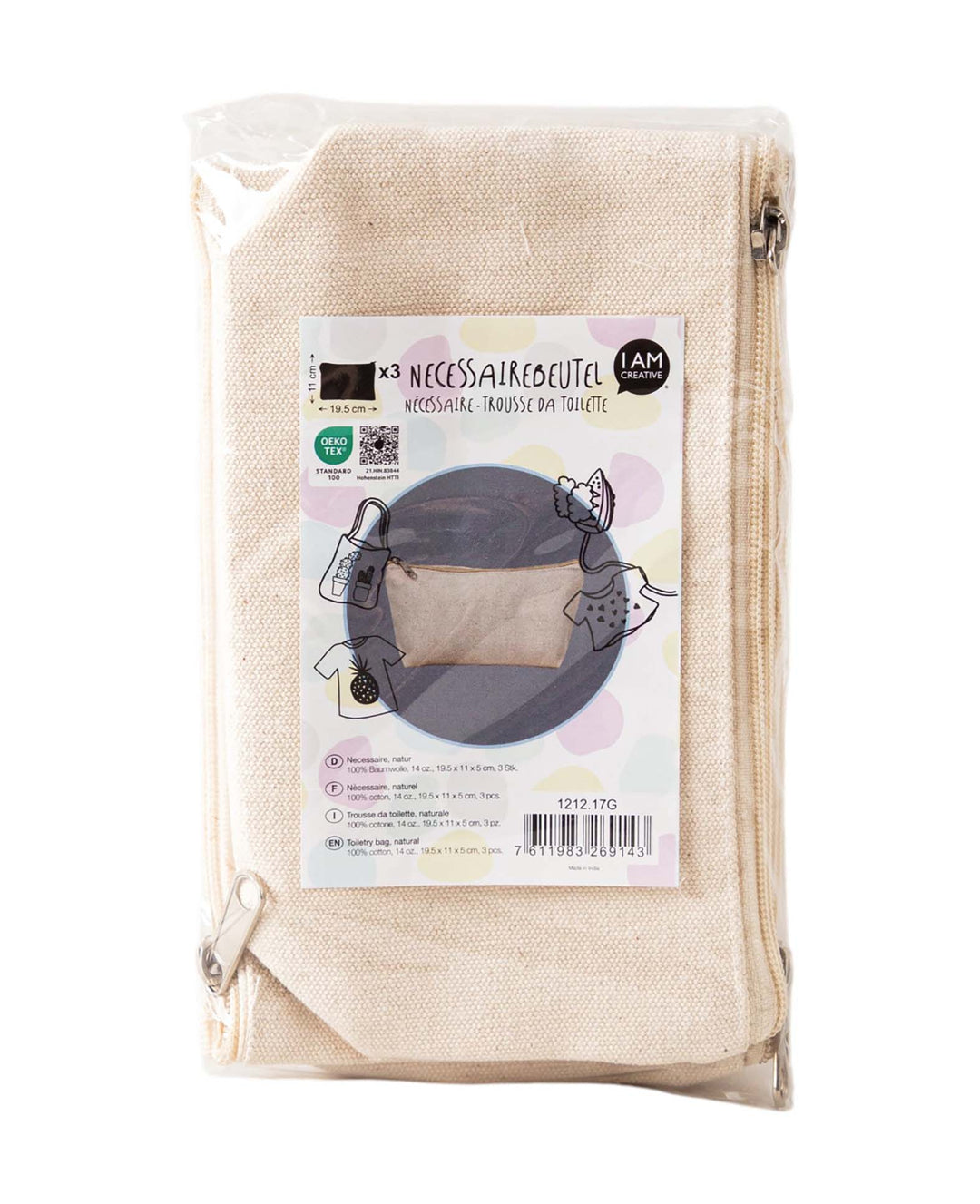 Cotton toiletry bag Natural, 19.5x11x5 cm, set of 3