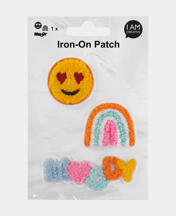 Iron-on patch "Moody", sew-on and iron-on patch, colourful, approx. ø 4 / 3.5 x 4 / 7.5 x 2.5 cm, 3 pcs.