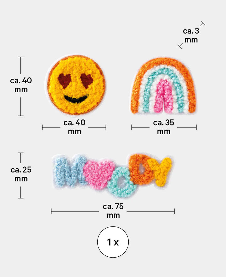 Iron-on patch "Moody", sew-on and iron-on patch, colourful, approx. ø 4 / 3.5 x 4 / 7.5 x 2.5 cm, 3 pcs.