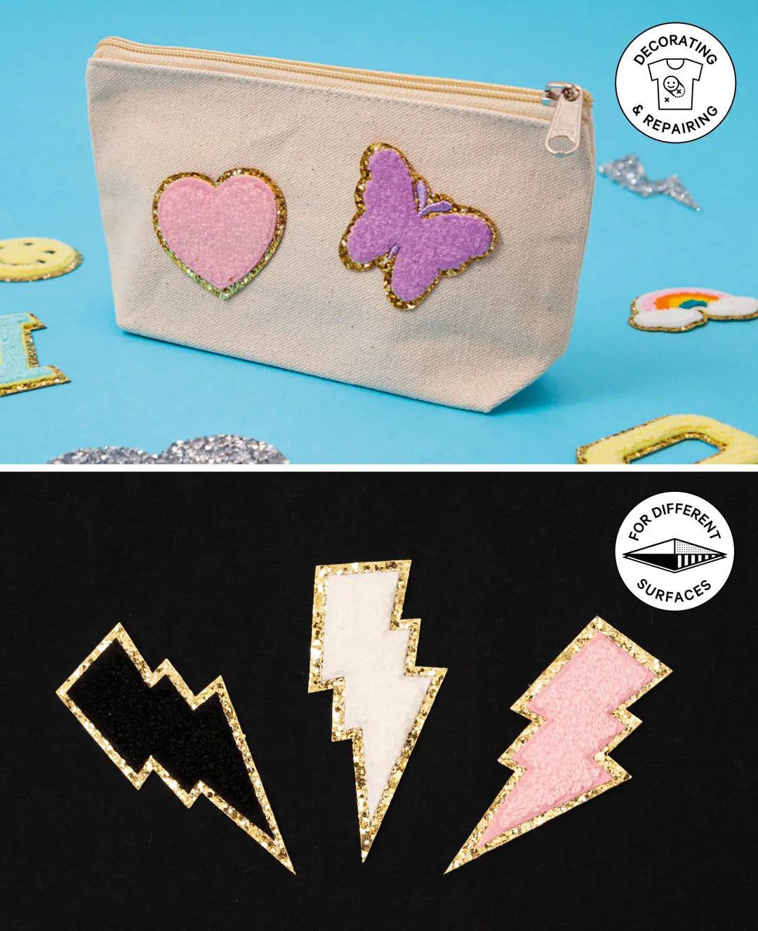 Iron-on patch "Moody", sew-on and iron-on patch, colourful, approx. ø 4 / 3.5 x 4 / 7.5 x 2.5 cm, 3 pcs.