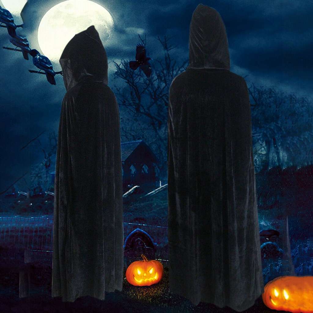 Fasnachts Erwachsenen Kostüm Vampir Cape Umhang mit Kapuze, Schwarz, 165cm