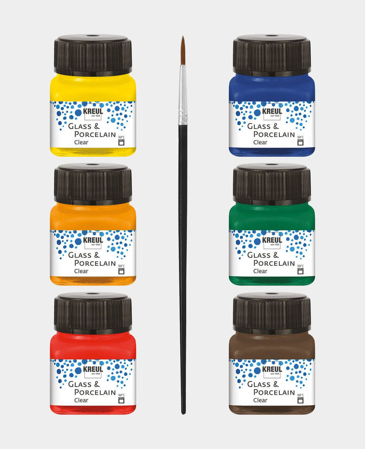 KREUL Peinture pour verre et porcelaine, Set Transparent, 6 x 20 ml avec pinceau
