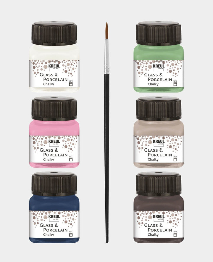 Peinture KREUL verre et porcelaine, set Chalky, 6 x 20 ml pinceau inclus
