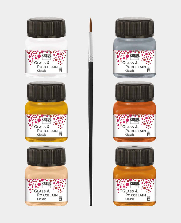 KREUL Peinture pour verre et porcelaine, Set de couleurs métalliques, 6 x 20 ml avec pinceau