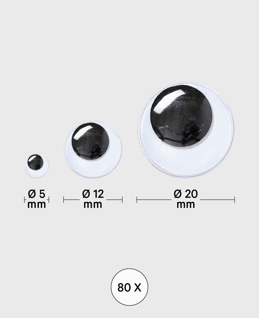 Yeux mobiles ronds, 3 tailles, 28 x 5 mm, 28 x 12 mm, 24 x 20 mm, 80 pièces.