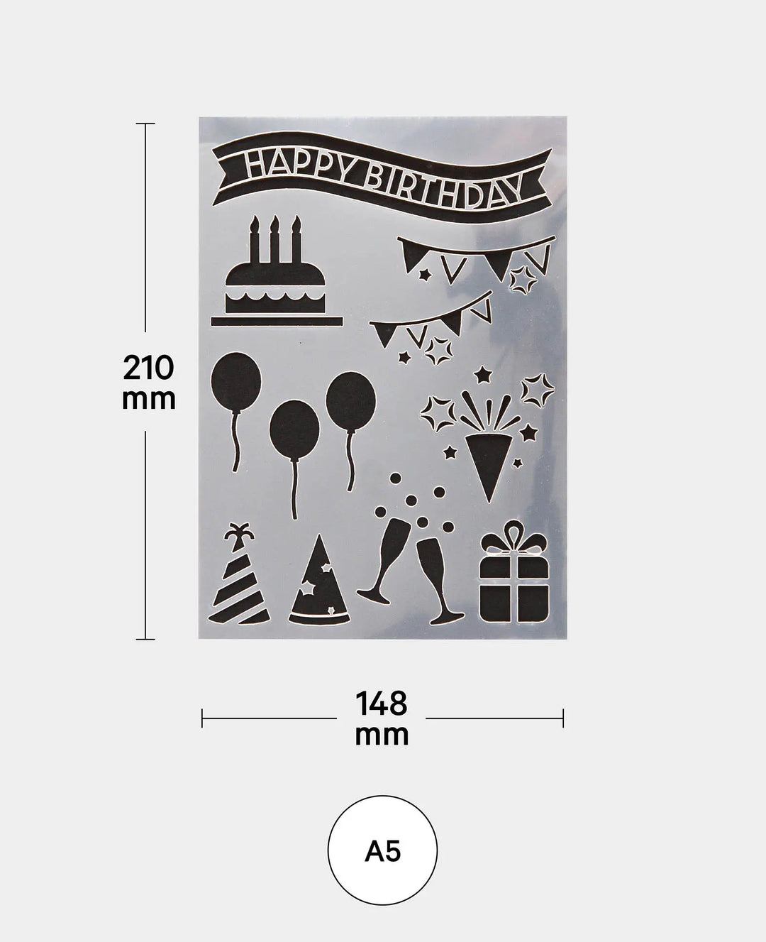 Pochoir Joyeux Anniversaire, 148 x 210 mm (A5), Blanc translucide