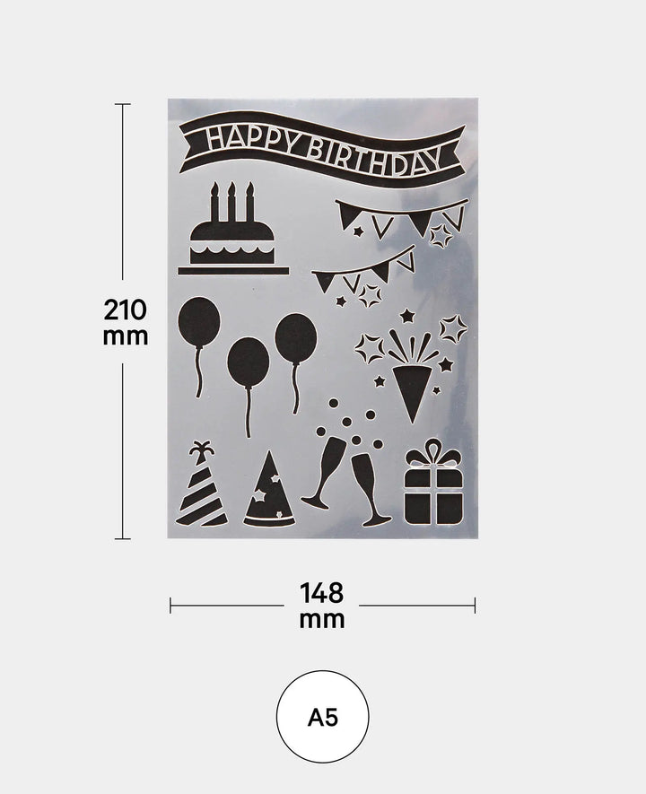 Pochoir Joyeux Anniversaire, 148 x 210 mm (A5), Blanc translucide
