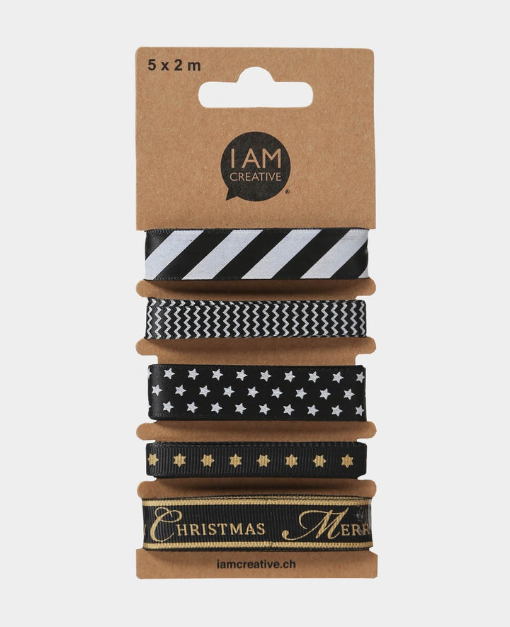 Decorative Ribbon / Gift Ribbon Christmas, Gold &amp; Black &amp; White, 15 mm x 2 m