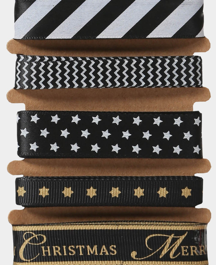Decorative Ribbon / Gift Ribbon Christmas, Gold &amp; Black &amp; White, 15 mm x 2 m
