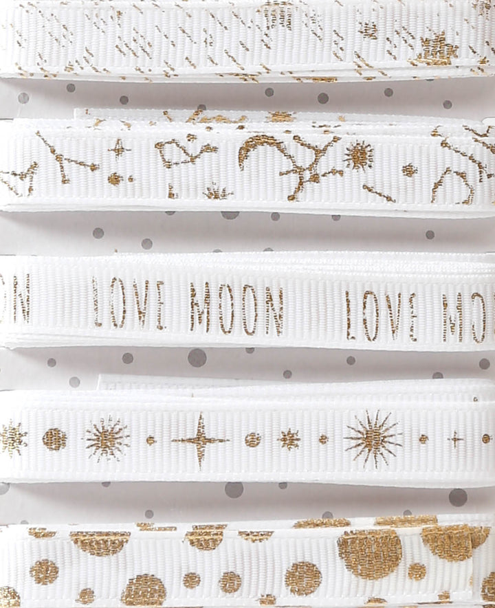 Dekoband / Geschenkband X-MAS Mond &amp; Sterne, Weiss &amp; Gold, 15 mm x 2 m