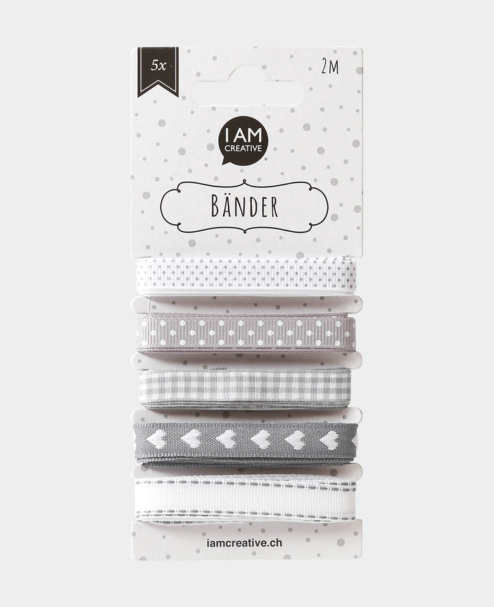 Rubans décoratifs / rubans cadeaux cœurs, gris et blanc, 15 mm x 2 m, 5 motifs