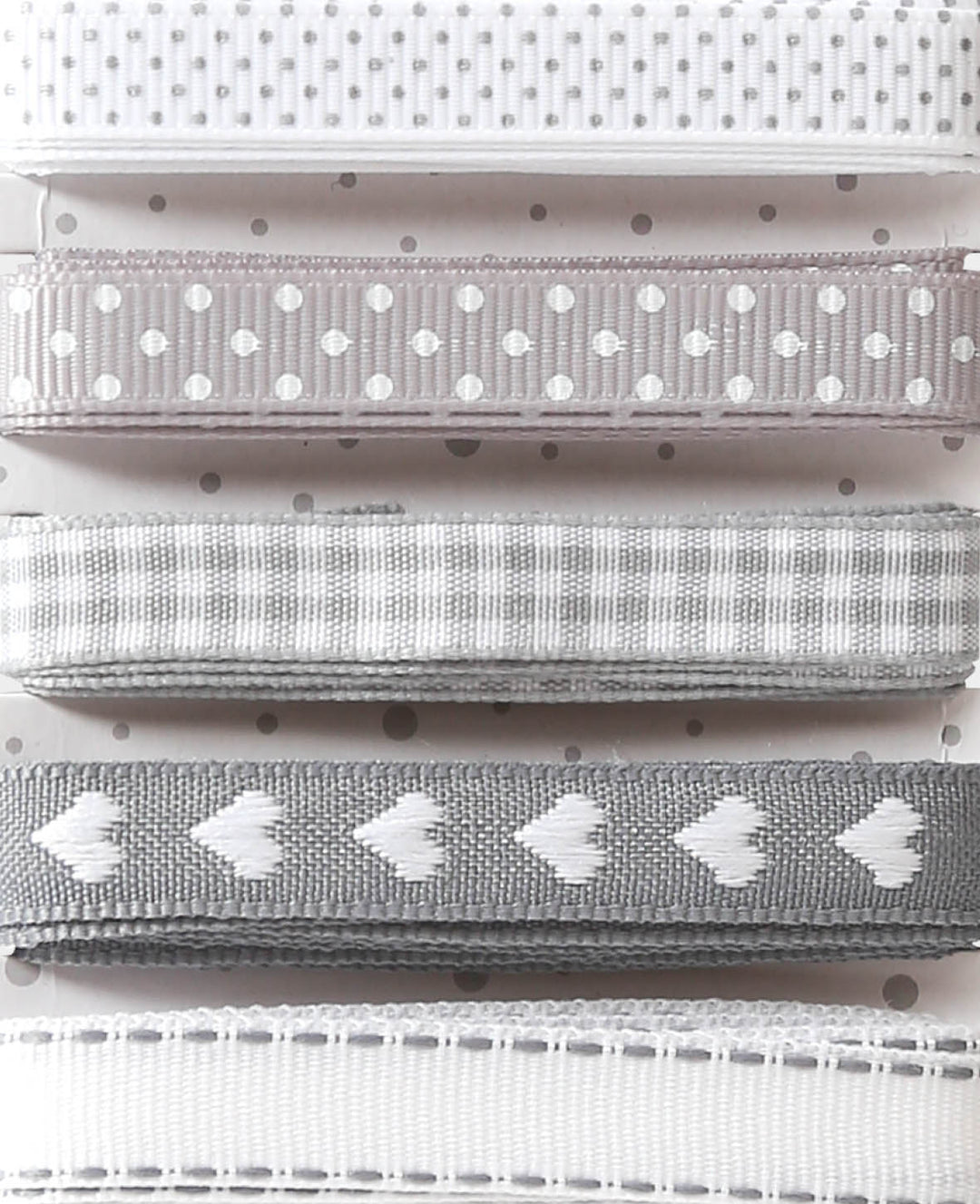 Rubans décoratifs / rubans cadeaux cœurs, gris et blanc, 15 mm x 2 m, 5 motifs