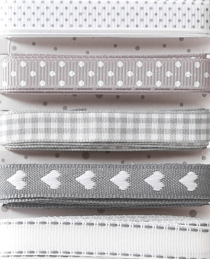 Rubans décoratifs / rubans cadeaux cœurs, gris et blanc, 15 mm x 2 m, 5 motifs