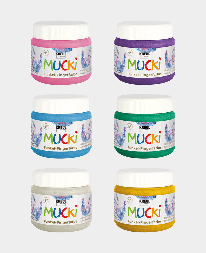 MUCKI Peinture au doigt scintillante - Set de 6, couleurs pailletées, 150 ml