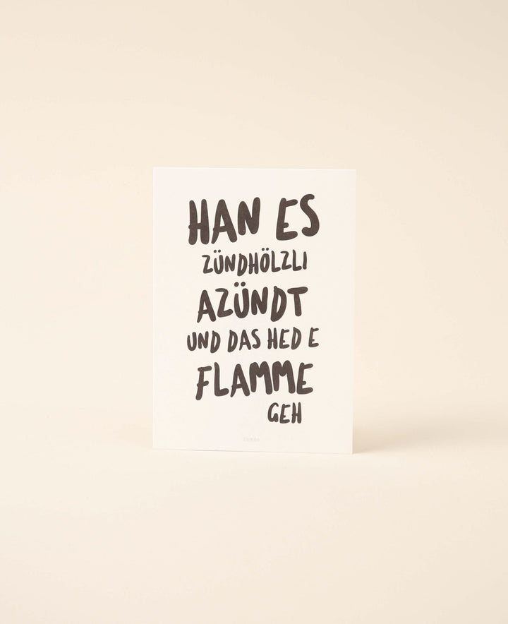 Grusskarte / Postkarte Hochformat "Zündhölzli", 10.5 x 14.8 cm, weisses Naturpapier mit schwarzem Schriftzug
