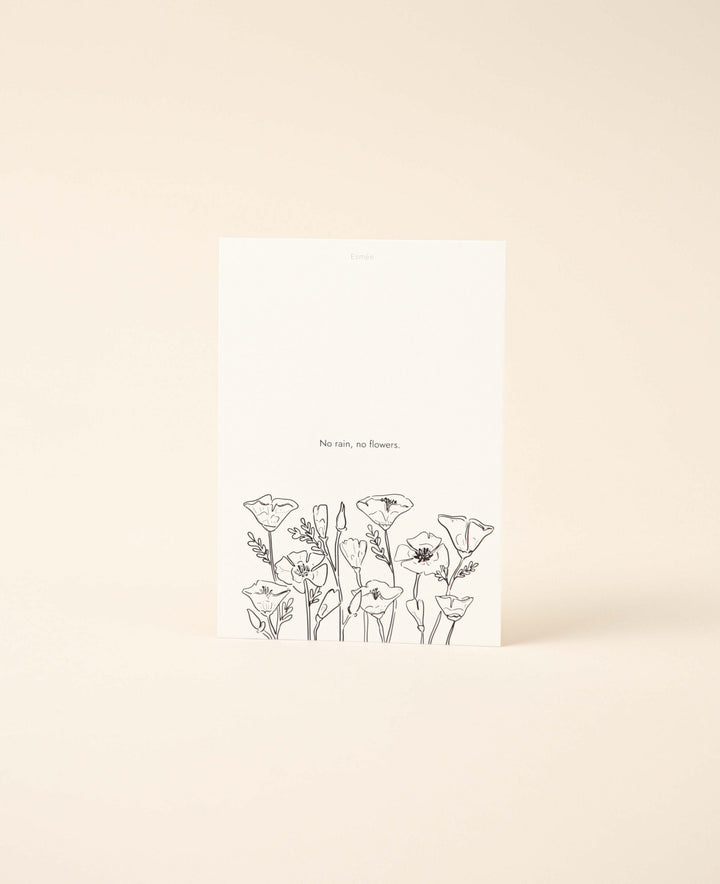 Grusskarte / Postkarte Hochformat "No Rain no Flowers", 10.5 x 14.8 cm, weisses Naturpapier mit schwarzem Schriftzug und Print