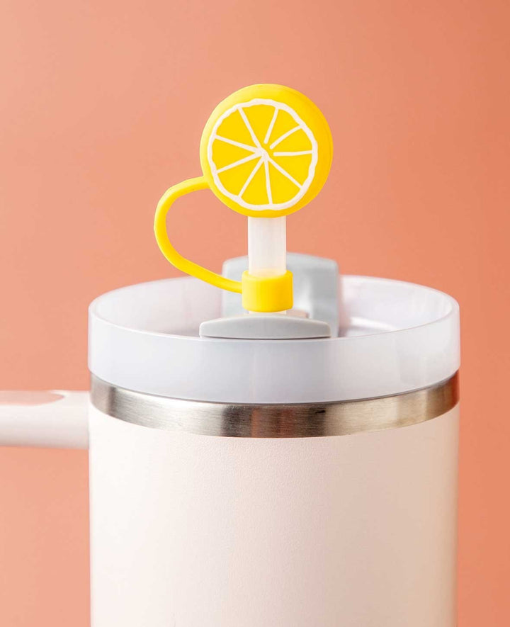 Silicone Straw Cover Lemon – Compatible with Stanley Tumblers, Yellow/White
