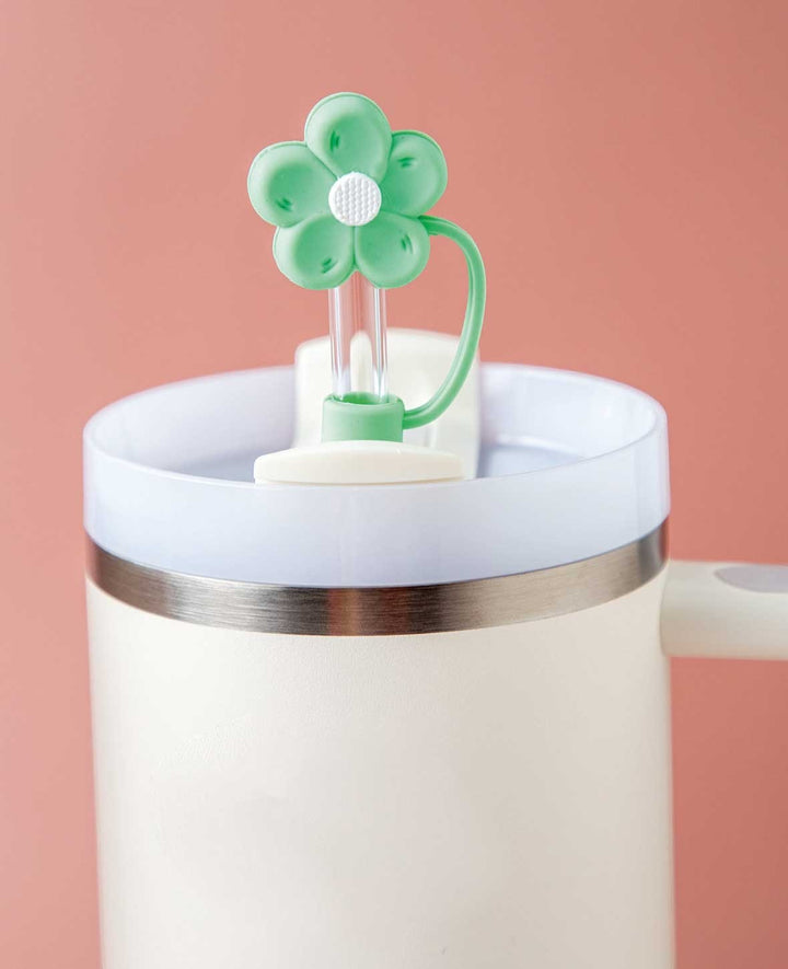 Silicone Straw Cover Flower Green - Compatible with Stanley Tumblers, Pastel Green/White