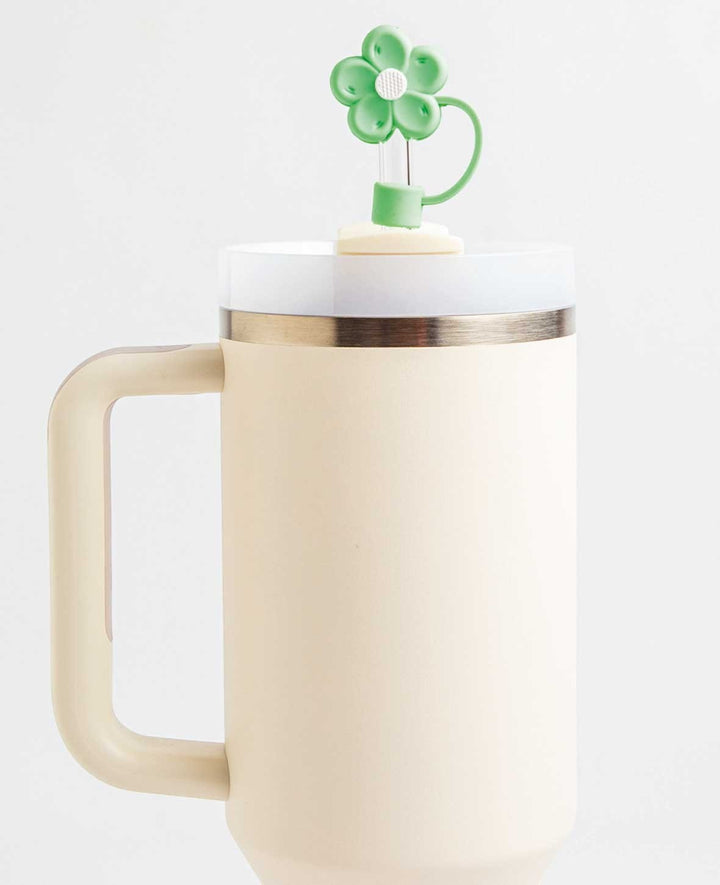 Silicone Straw Cover Flower Green - Compatible with Stanley Tumblers, Pastel Green/White