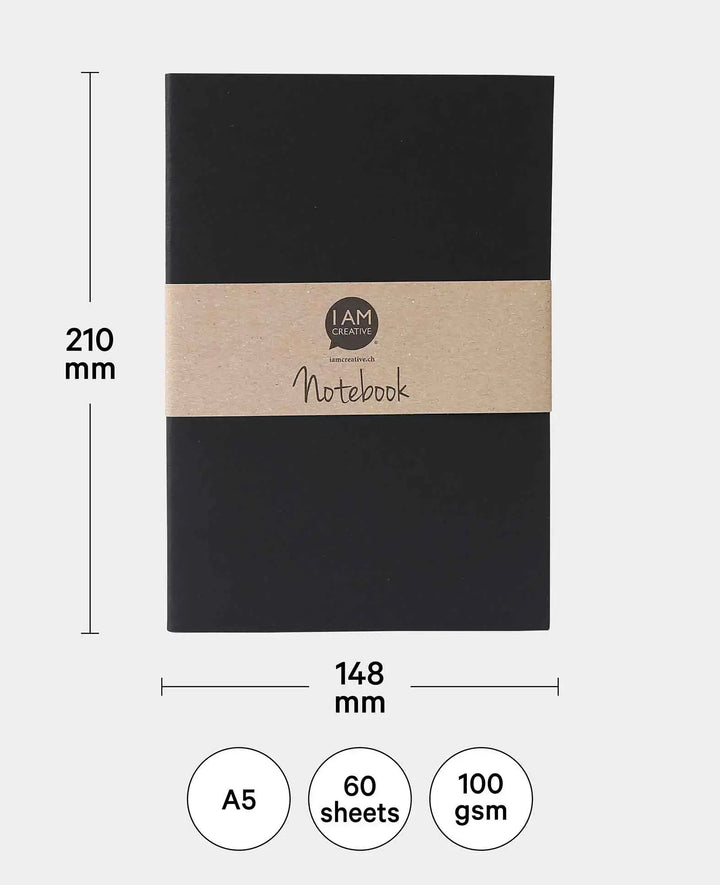 Notebook, A5, squared, Black, 60 sheets