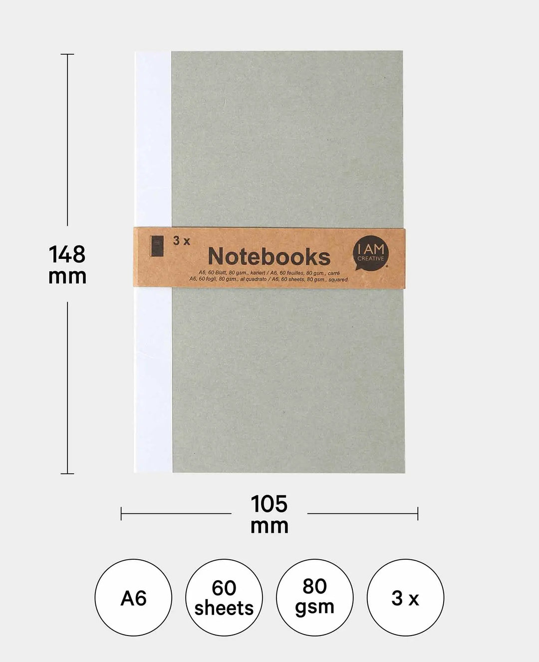 Carnets A6, lot de 3, feuilles quadrillées, marron et gris, 60 feuilles chacun