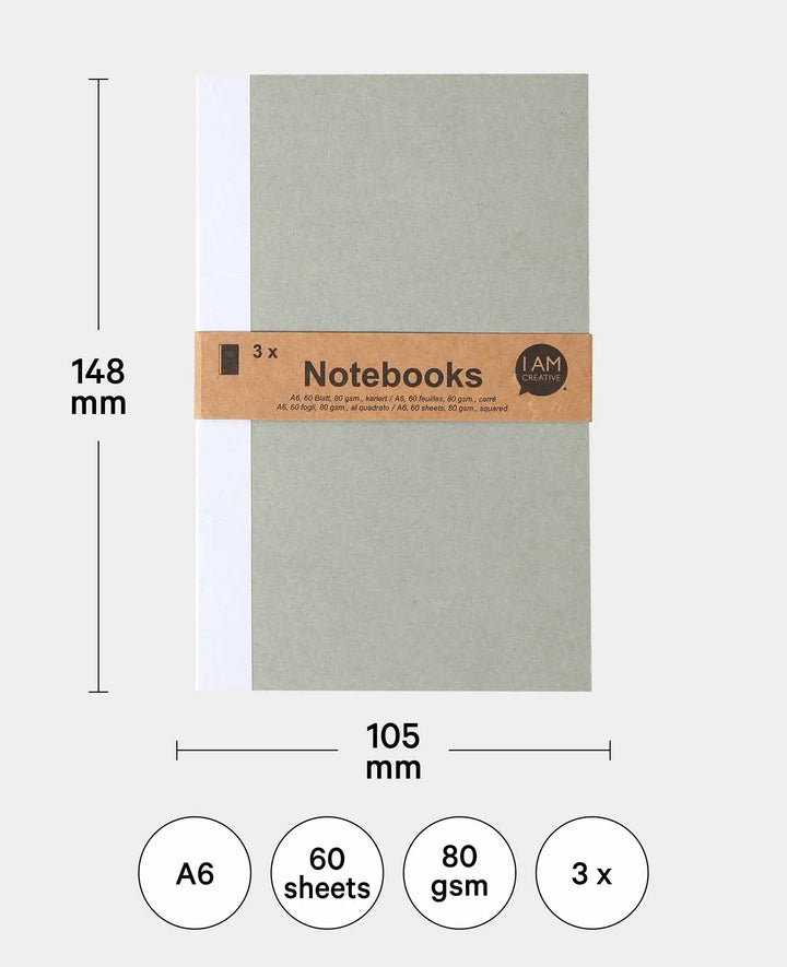 Carnets A6, lot de 3, feuilles quadrillées, marron et gris, 60 feuilles chacun