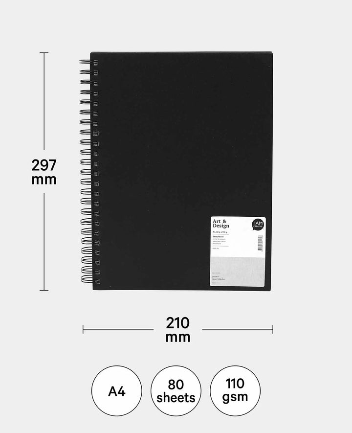Sketchbook, A4, with white pages, Black, 80 sheets