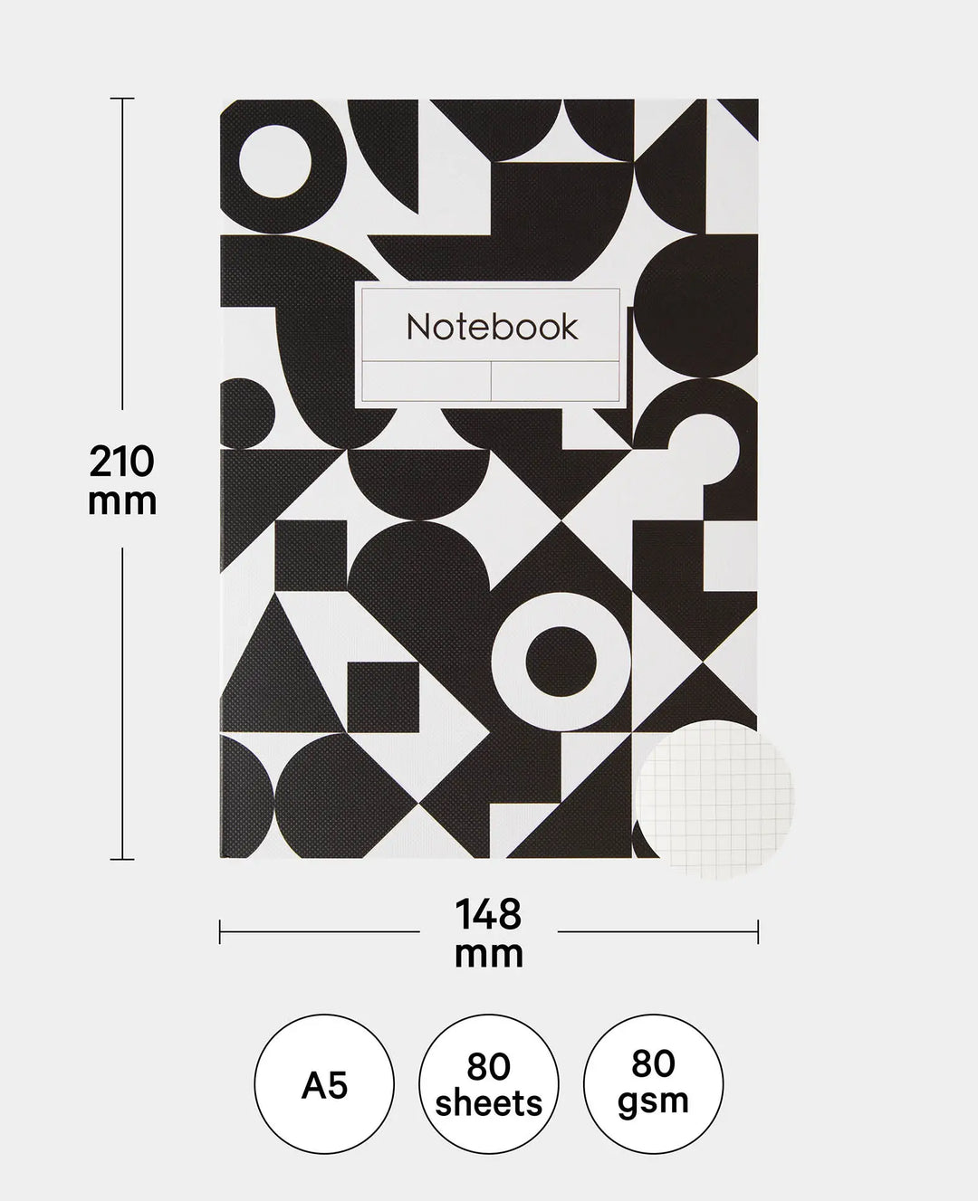 Carnet de notes, A5, quadrillé, noir/blanc, 80 g/m², 148 x 210 mm, 80 feuilles