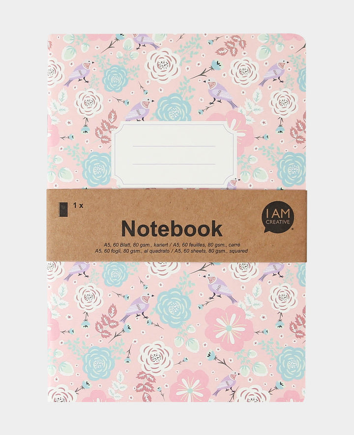 Notebook Pink A5, Notepad with squared pages in a chic bird and floral patterned design with label, Light Blue, 80 g, 105 x 145 mm, 60 sheets