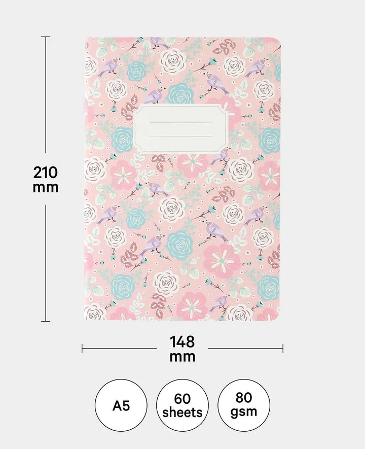 Notebook Pink A5, Notepad with squared pages in a chic bird and floral patterned design with label, Light Blue, 80 g, 105 x 145 mm, 60 sheets