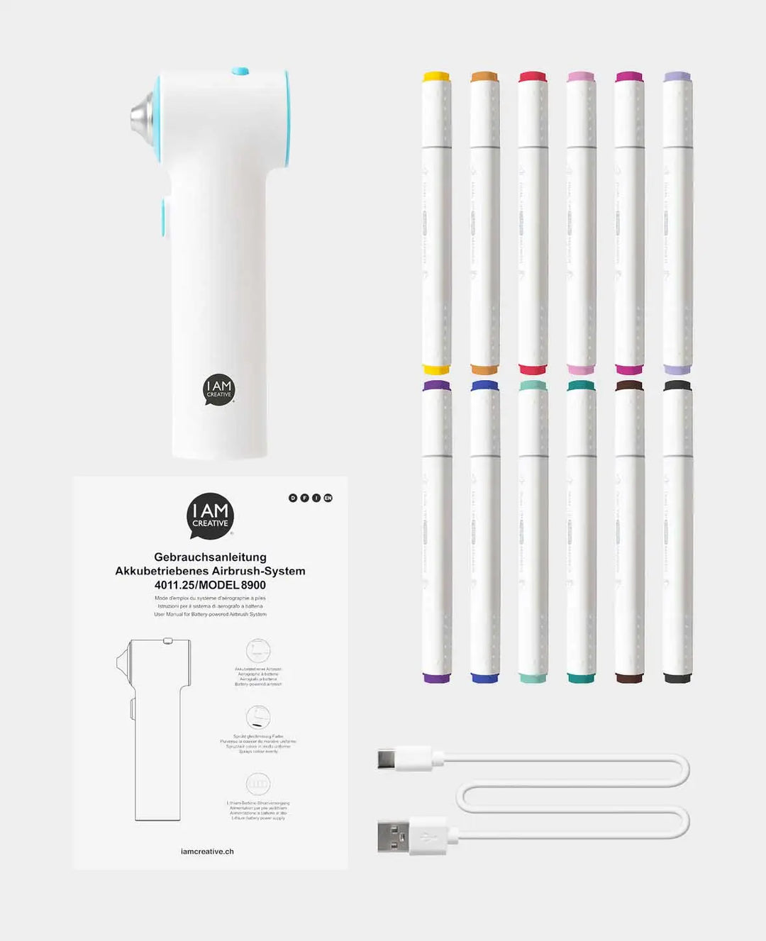 Air Brush Set, inkl. 12 Textilstifte &amp; USB-Ladekabel